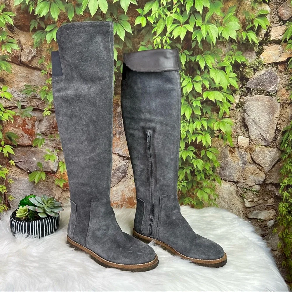 VINCE Quiet Luxury Minimalist Gray Suede Over the Knee Crepe Sole Boots, 6M